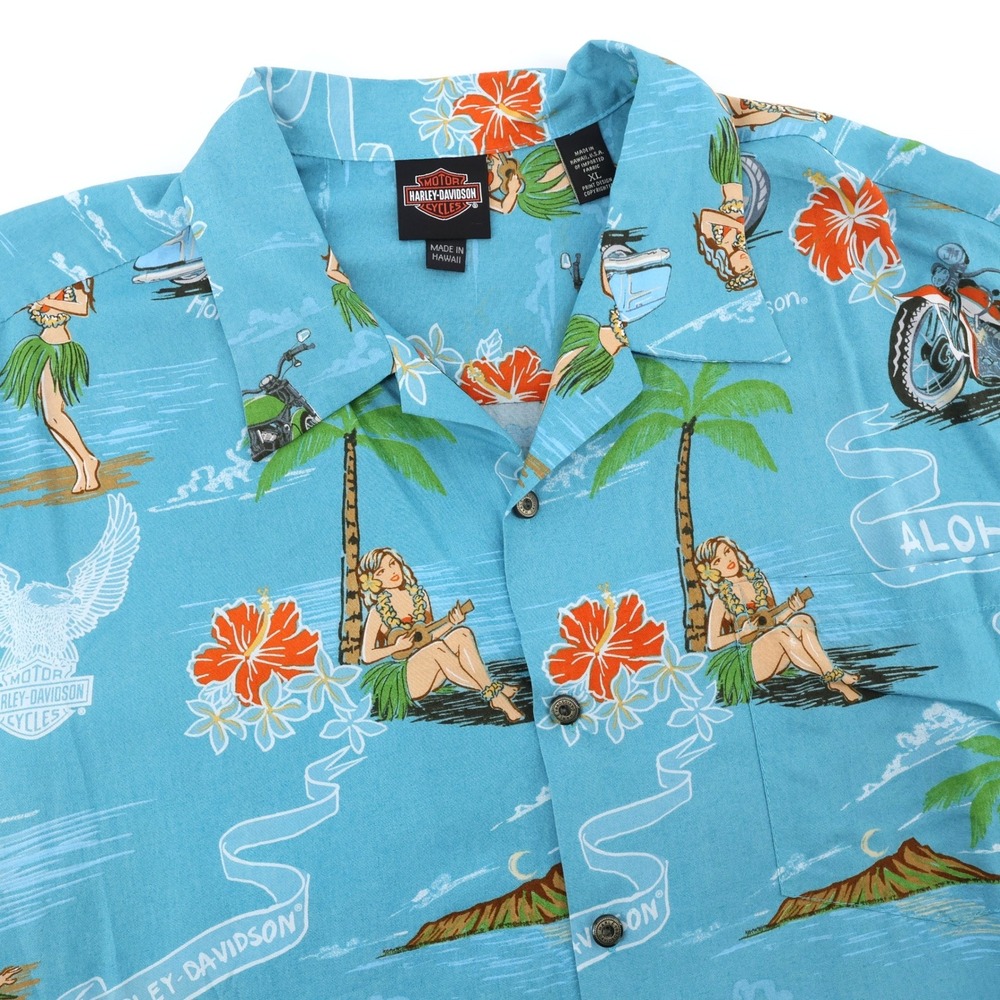 Harley-Davidson Honolulu Hula Print Shirt Blue Short Sleeve Mens XL